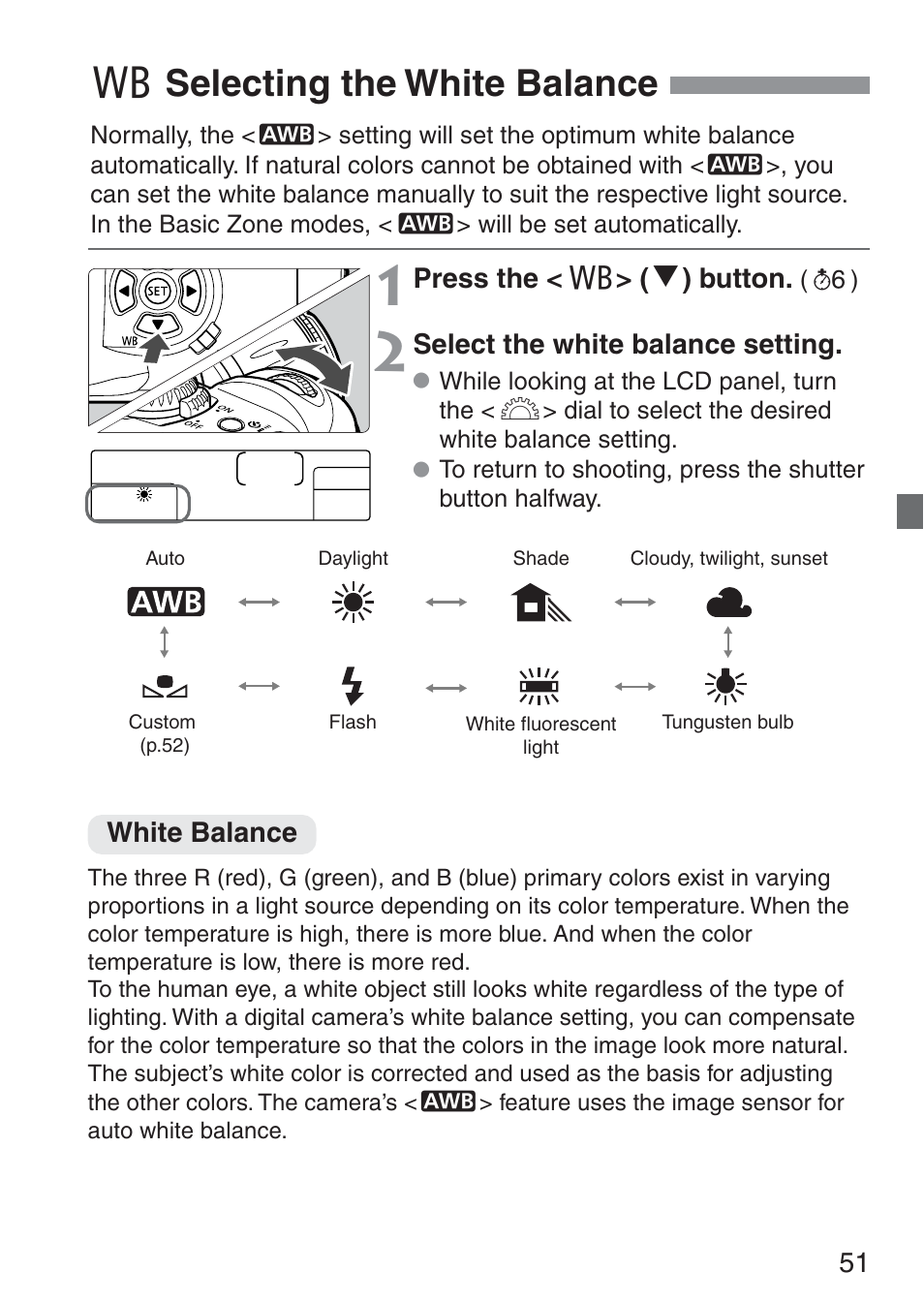 6 selecting the white balance | Canon ds6041 User Manual | Page 51 / 140