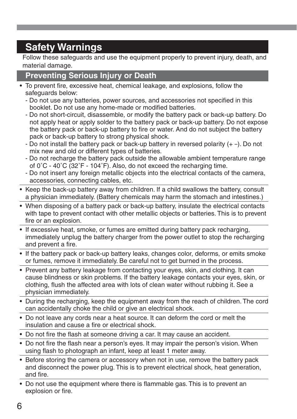 Safety warnings, Preventing serious injury or death | Canon ds6041 User Manual | Page 6 / 140