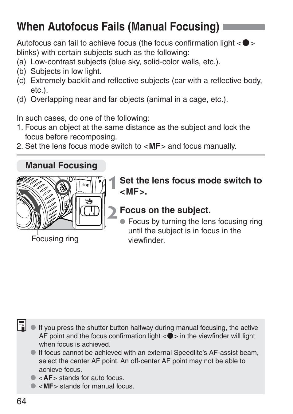 When autofocus fails (manual focusing) | Canon ds6041 User Manual | Page 64 / 140