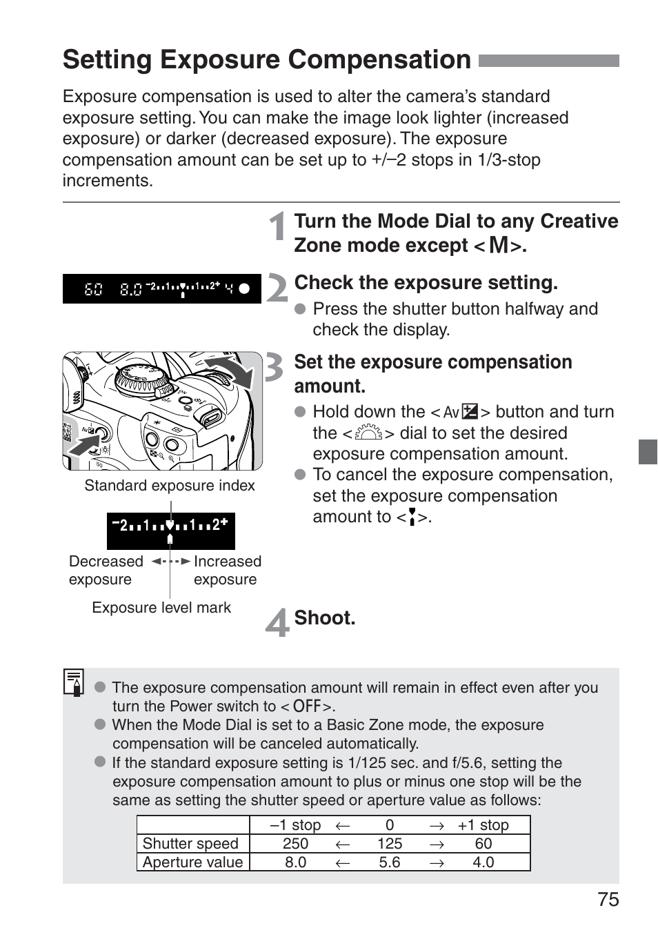 Setting exposure compensation | Canon ds6041 User Manual | Page 75 / 140