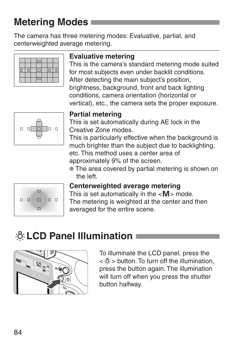 0 lcd panel illumination, Metering modes | Canon ds6041 User Manual | Page 84 / 140