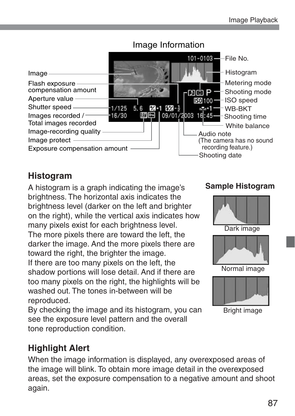 87 histogram, Highlight alert, Image information | Canon ds6041 User Manual | Page 87 / 140