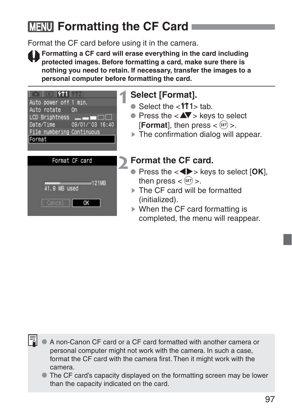 Formatting the cf card | Canon ds6041 User Manual | Page 97 / 140