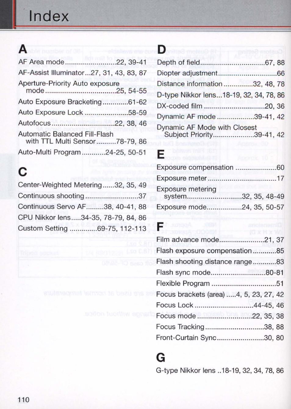 Index | Nikon N80 User Manual | Page 110 / 116