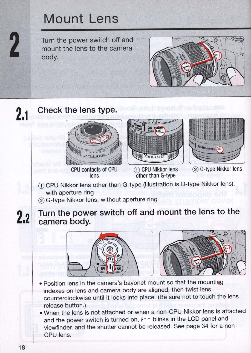 Check the lens type, Mount lens | Nikon N80 User Manual | Page 18 / 116