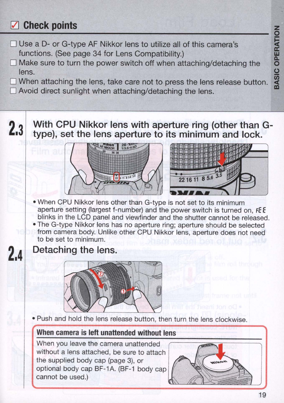 Detaching the lens | Nikon N80 User Manual | Page 19 / 116