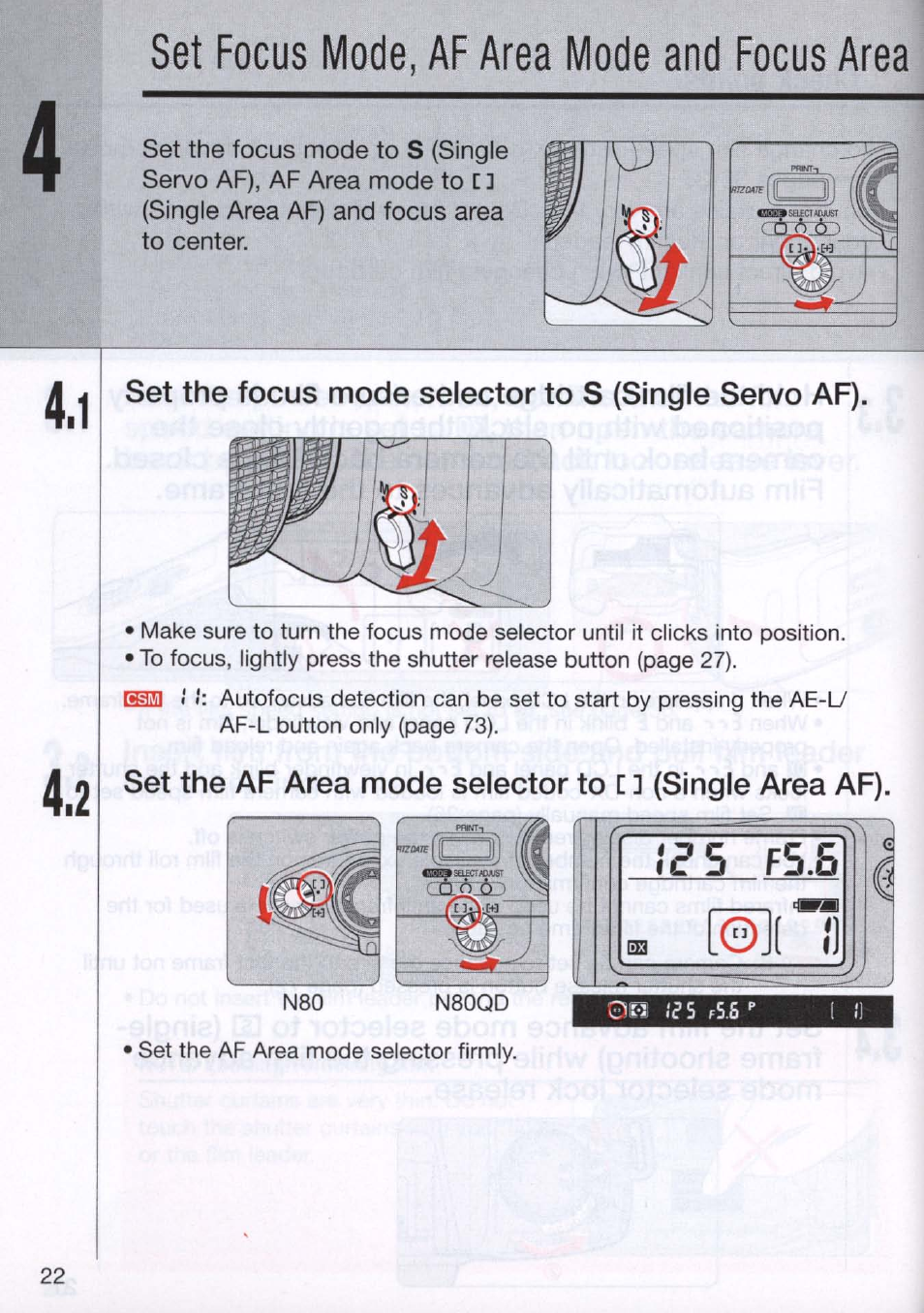 Set focus mode, af area mode and focus area, Set the focus mode selector to s (single servo af), Set focus mode, af area mode and focus area -23 | L0j ( i) | Nikon N80 User Manual | Page 22 / 116