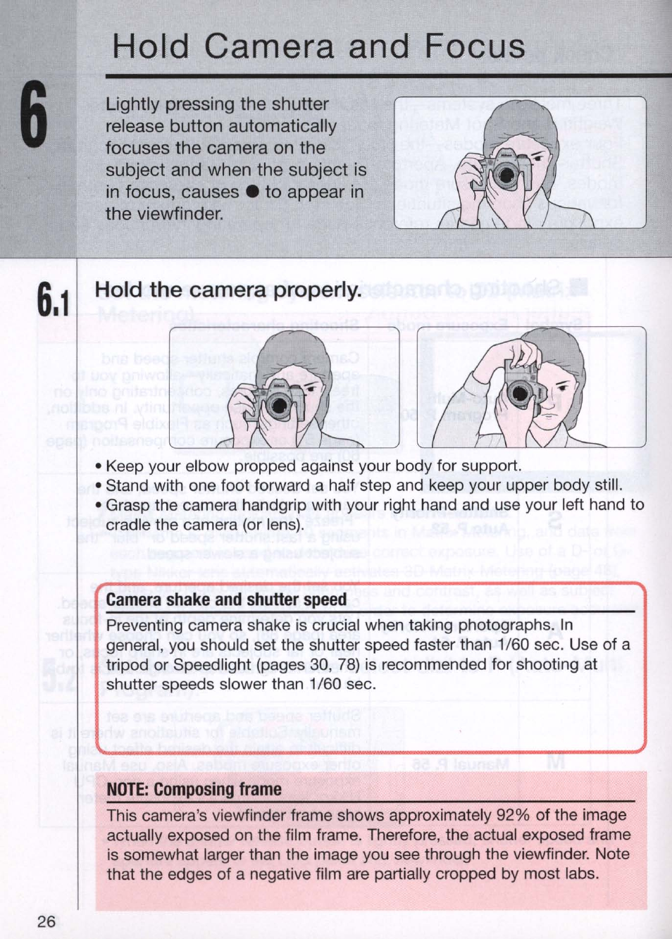 Hold camera and focus, Hold the camera properly, Camera shake and shutter speed | Note; composing frame, Hold camera and focus -27 | Nikon N80 User Manual | Page 26 / 116