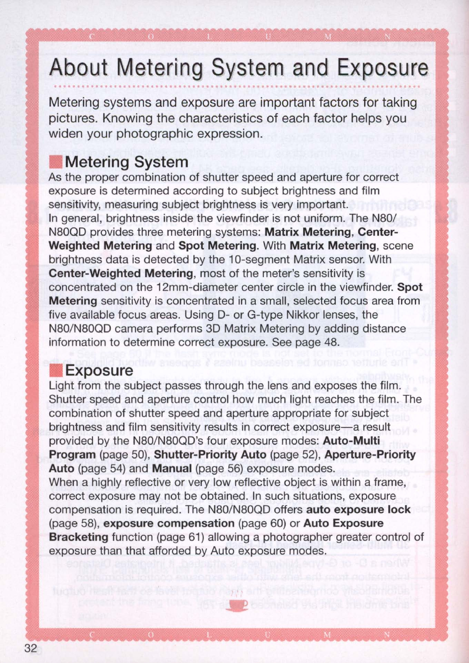 About metering system and exposure, Set metering system and exposure mode -25, Metering system | Exposure | Nikon N80 User Manual | Page 32 / 116