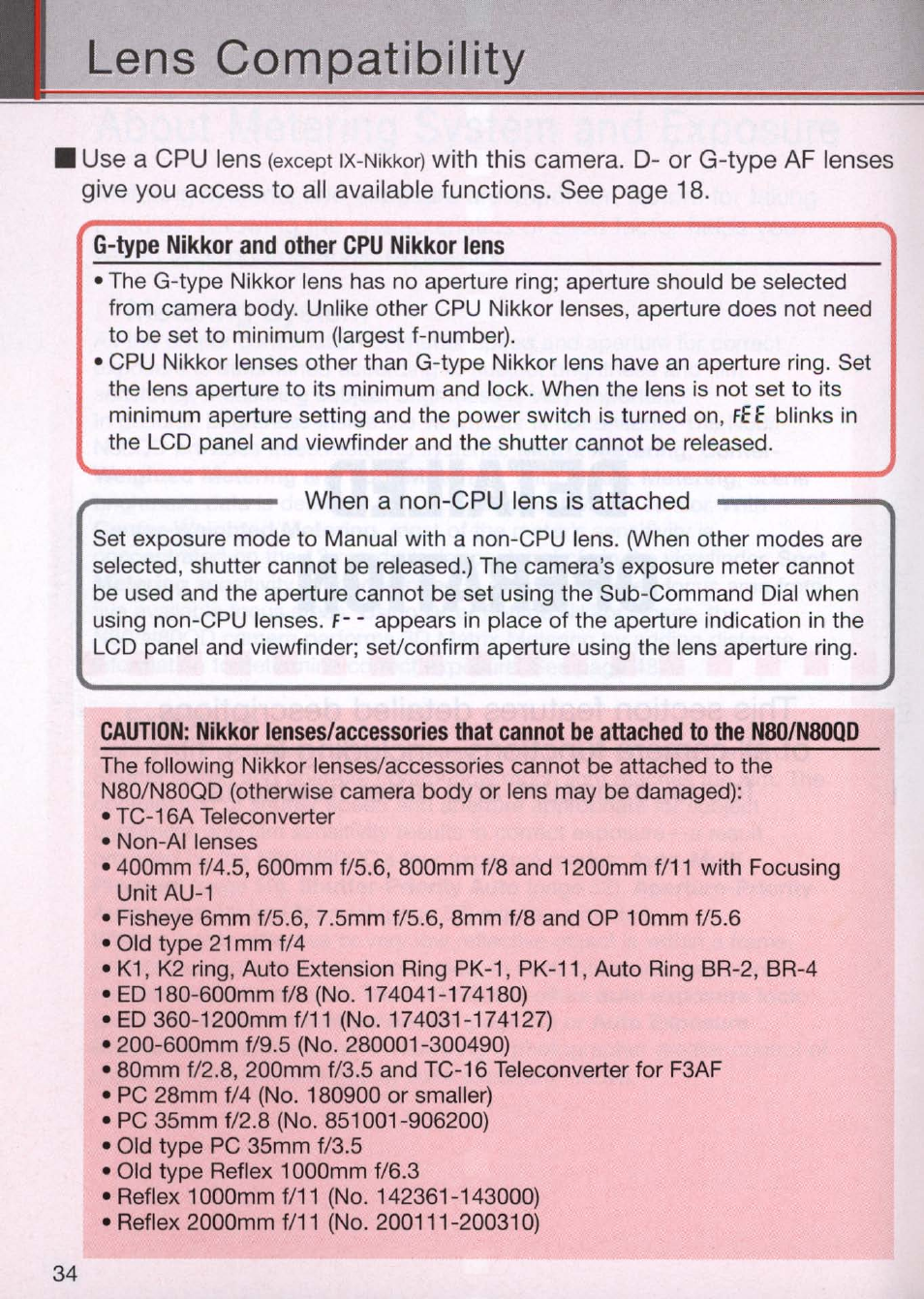 Lens compatibility | Nikon N80 User Manual | Page 34 / 116