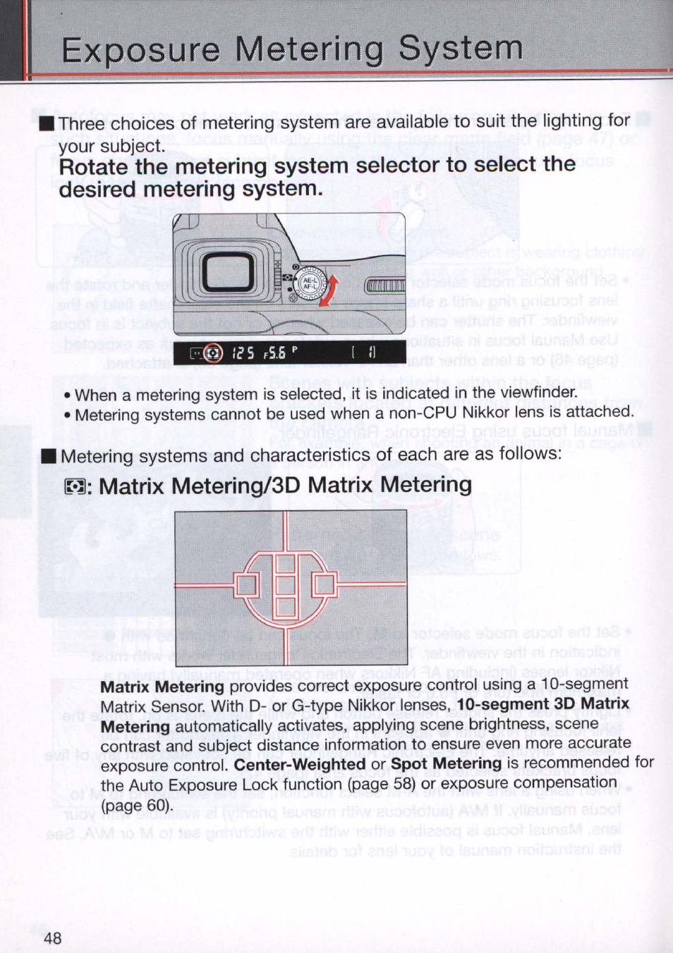 In: matrix metering/3d matrix metering, Exposure metering system | Nikon N80 User Manual | Page 48 / 116