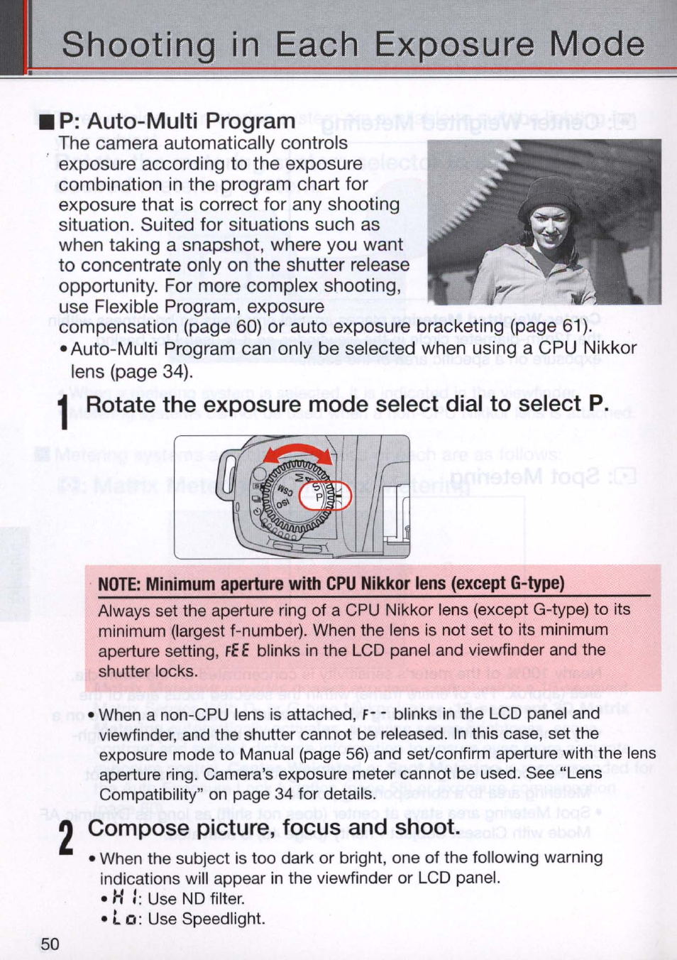 Ip: auto-multi program, I rotate the exposure mode select dial to select p, Compose picture, focus and shoot | Shooting in each exposure mode | Nikon N80 User Manual | Page 50 / 116