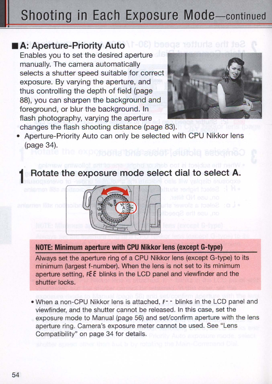 I a: aperture-priority auto, Rotate the exposure mode select dial to select a, Shooting in each exposure mode | Nikon N80 User Manual | Page 54 / 116