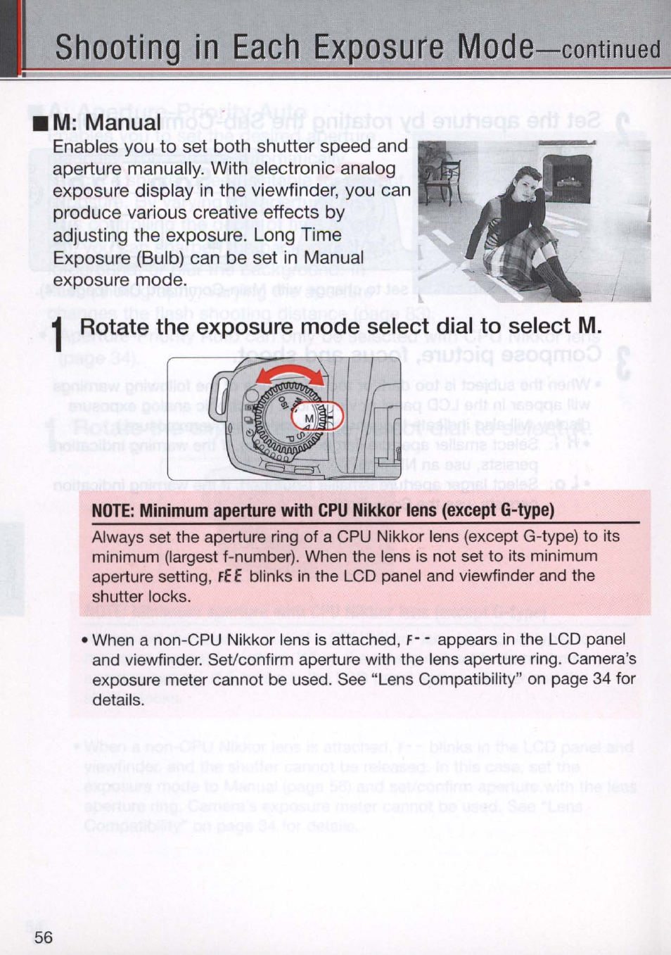 Im: manual, Rotate the exposure mode select dial to select m, Shooting in each exposure mode | Nikon N80 User Manual | Page 56 / 116