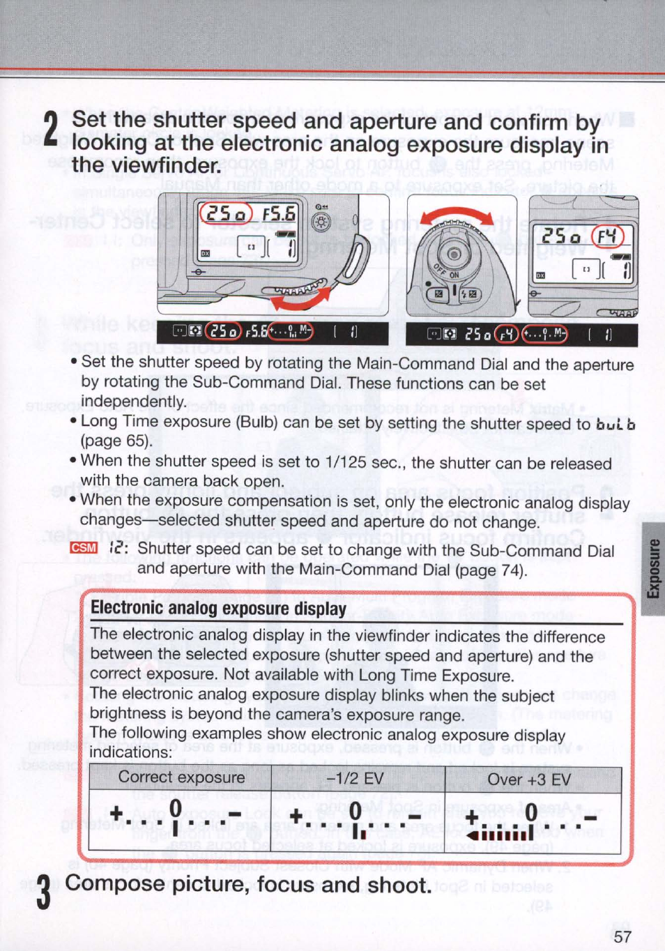 Electronic analog exposure display, 2 compose picture, focus and shoot, Villini | Nikon N80 User Manual | Page 57 / 116