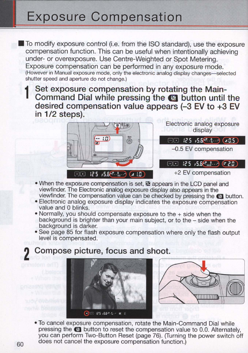 Compose picture, focus and shoot, Exposure compensation | Nikon N80 User Manual | Page 60 / 116