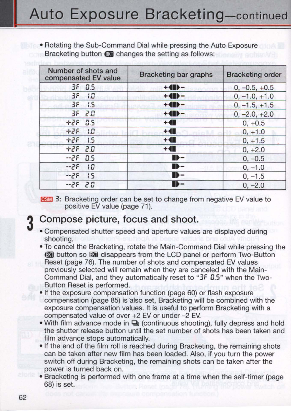 Compose picture, focus and shoot, Auto exposure bracketing, Continued | Nikon N80 User Manual | Page 62 / 116