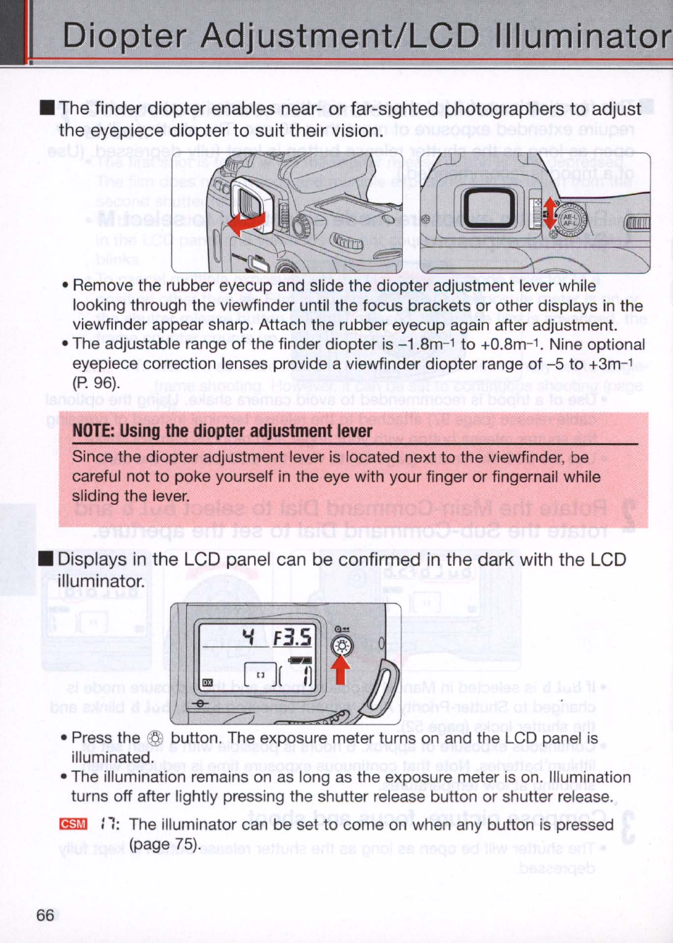 Note: using the diopter adjustment lever, Diopter adjustment/lcd illuminator | Nikon N80 User Manual | Page 66 / 116