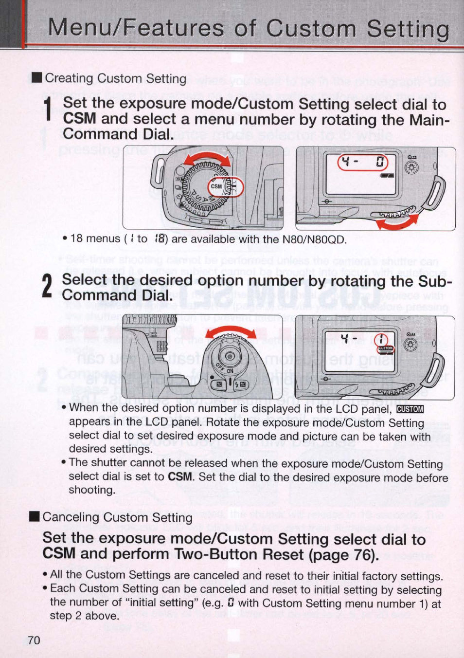 Menu/features of custom setting | Nikon N80 User Manual | Page 70 / 116