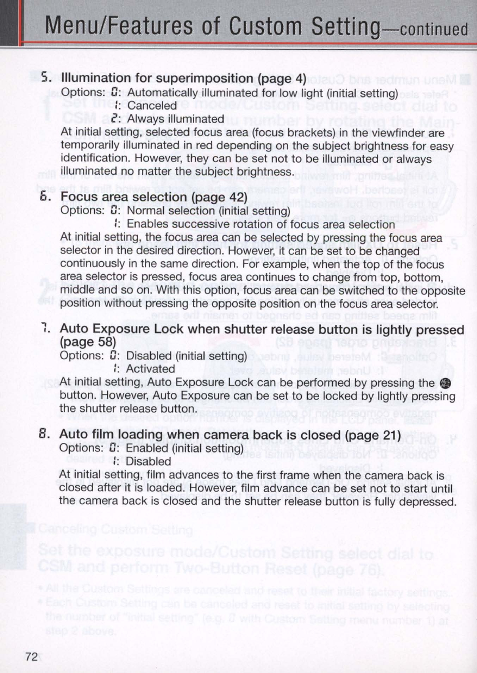 Menu/features of custom | Nikon N80 User Manual | Page 72 / 116