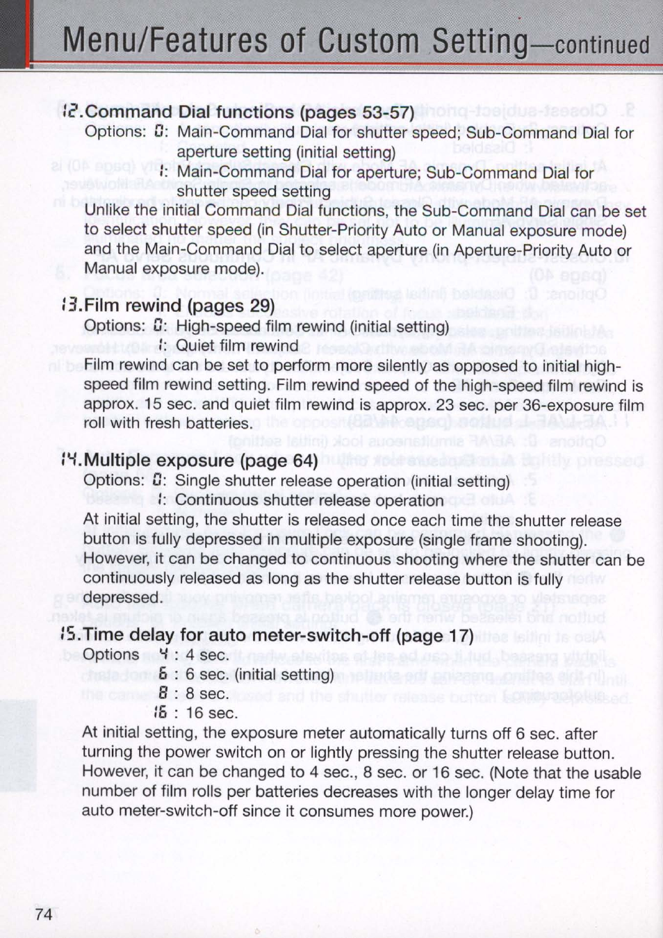 Menu/features of custom setting | Nikon N80 User Manual | Page 74 / 116