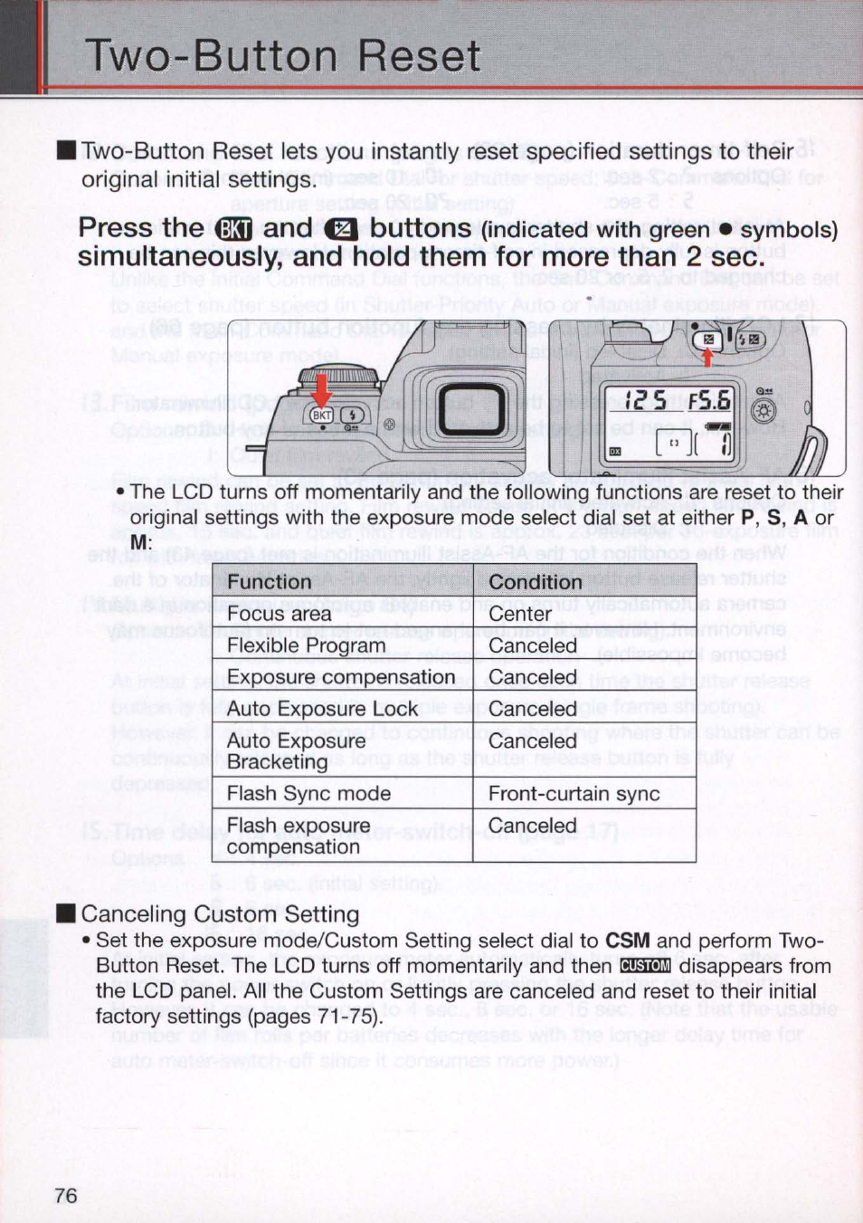 Two-button reset, Press the (35i, Buttons | Simultaneously, and hold them for more than 2 sec | Nikon N80 User Manual | Page 76 / 116