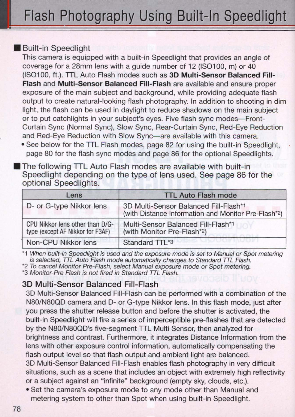 Flash photography using built-in speedlight | Nikon N80 User Manual | Page 78 / 116