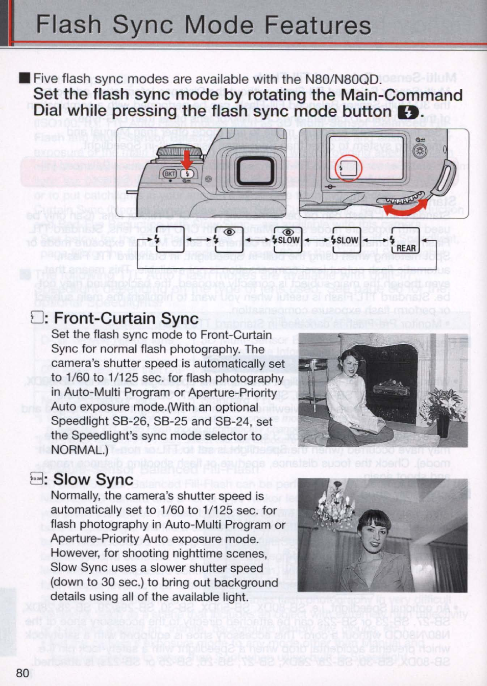 Front-curtain sync, Slow sync, Flash sync mode features | Nikon N80 User Manual | Page 80 / 116