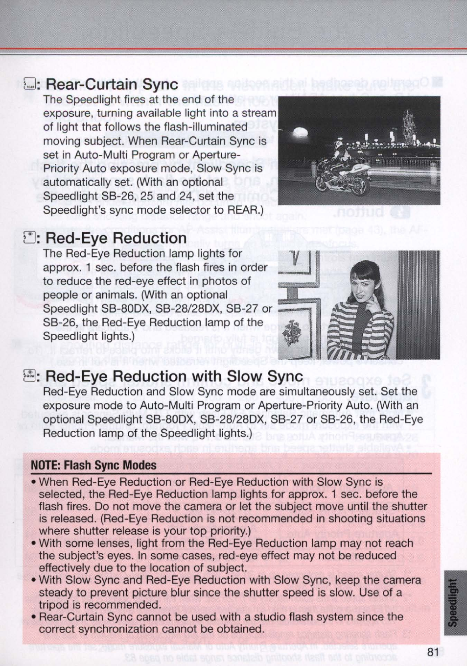 Rear-curtain sync, Red-eye reduction, Red-eye reduction with slow sync | Note; flash sync modes | Nikon N80 User Manual | Page 81 / 116