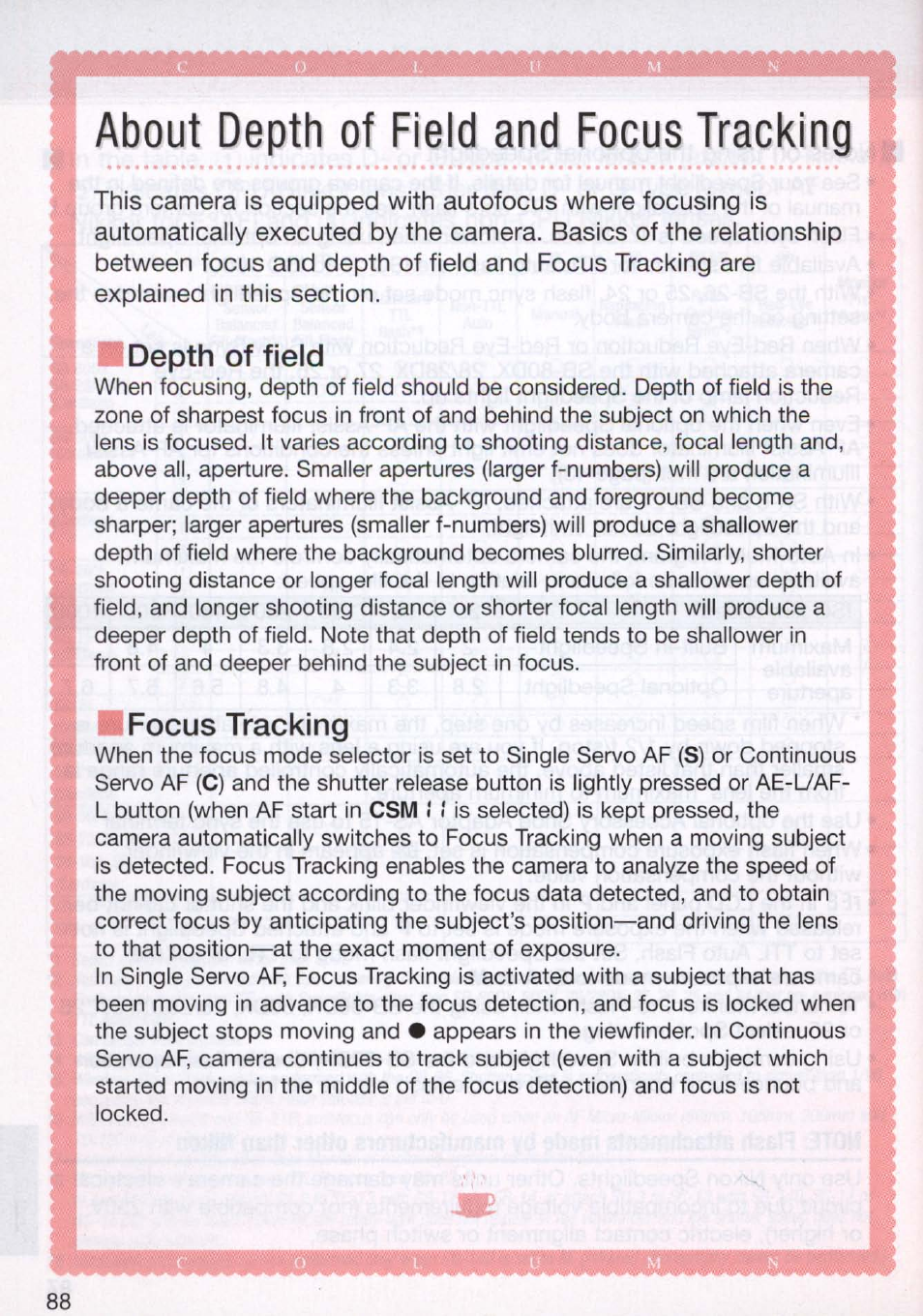 About depth, of field and focus tracking, About depth of field and focus tracking, Depth of field | Focus tracking | Nikon N80 User Manual | Page 88 / 116