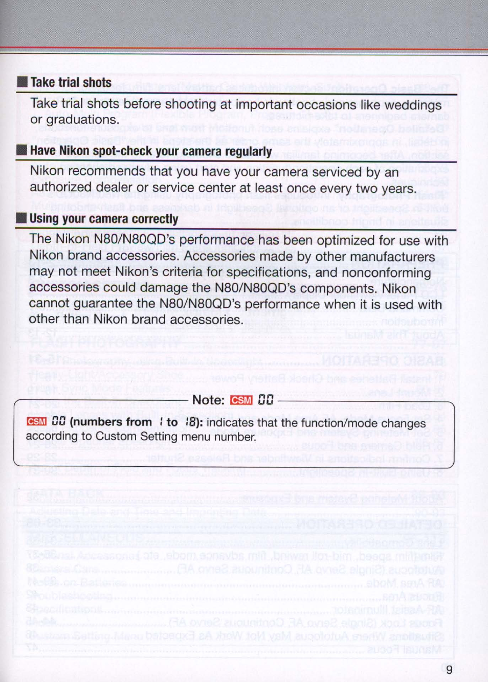 I take trial shots, I have nikon spot-check your camera regularly, I using your camera correctly | Nikon N80 User Manual | Page 9 / 116