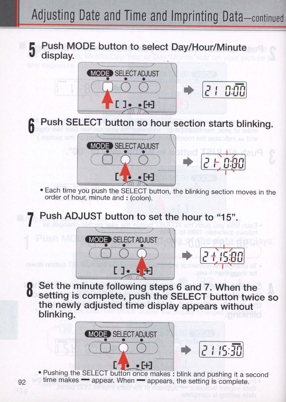 J adjusting date and time and imprinting, Push mode button to select day/hour/minute display, Y push adjust button to set the hour to “15 | N o o ) cful | Nikon N80 User Manual | Page 92 / 116