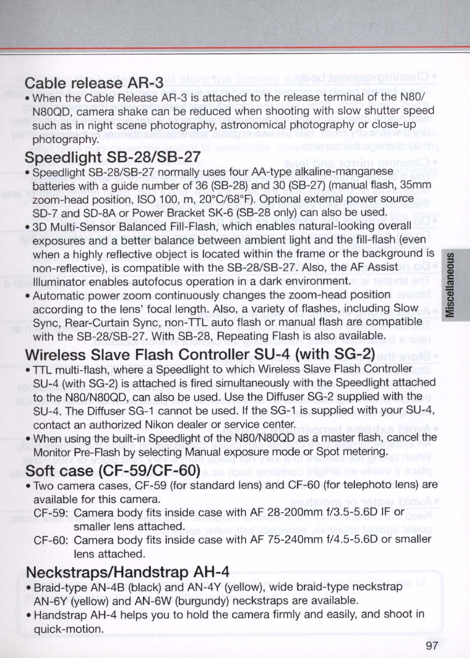 Cable release ar-3, Speedlight sb-28/sb-27, Wireless slave flash controller su-4 (with sg-2) | Soft case (cf-59/cf-60), Neckstraps/handstrap ah-4 | Nikon N80 User Manual | Page 97 / 116