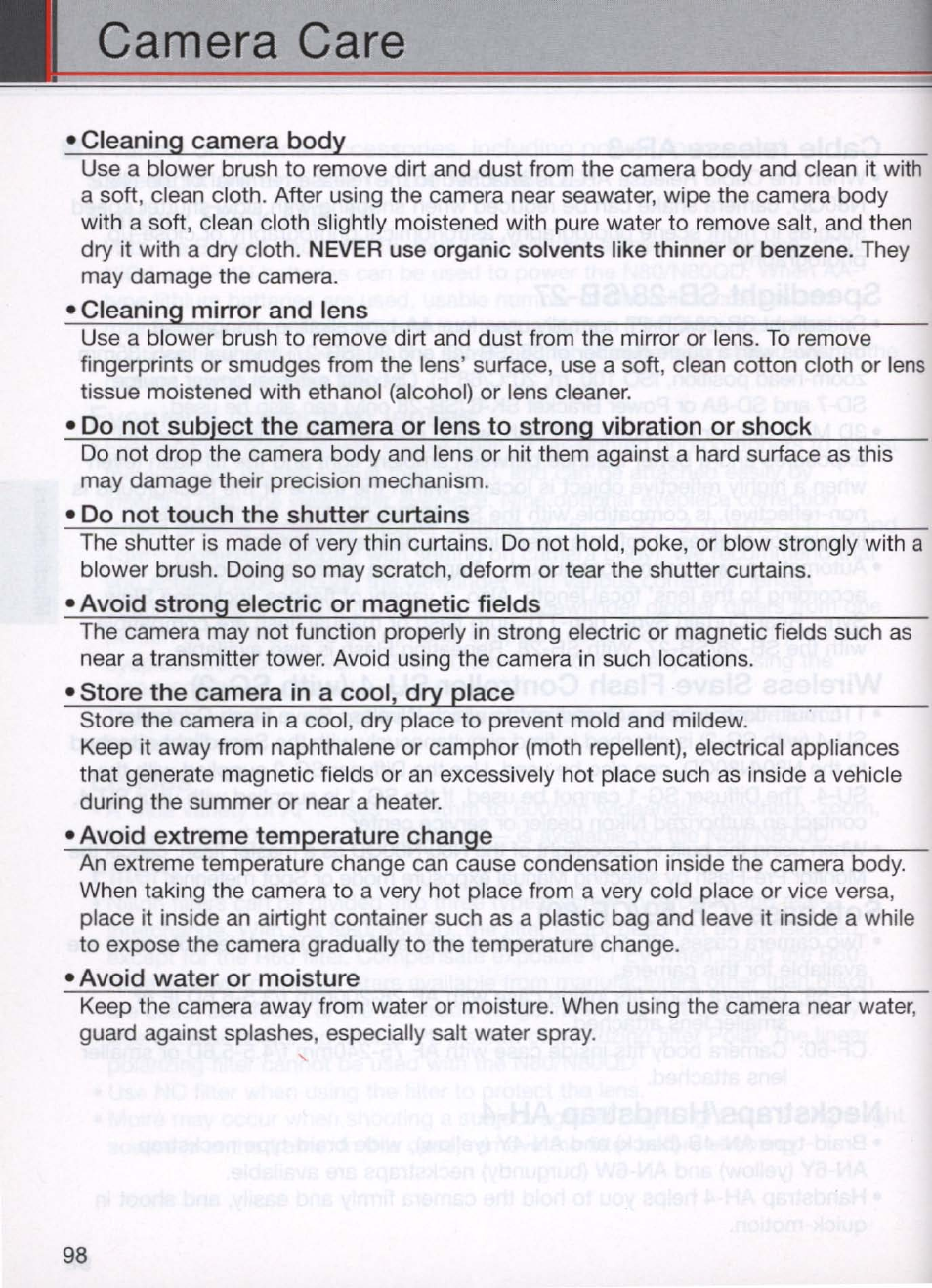 Camera care | Nikon N80 User Manual | Page 98 / 116