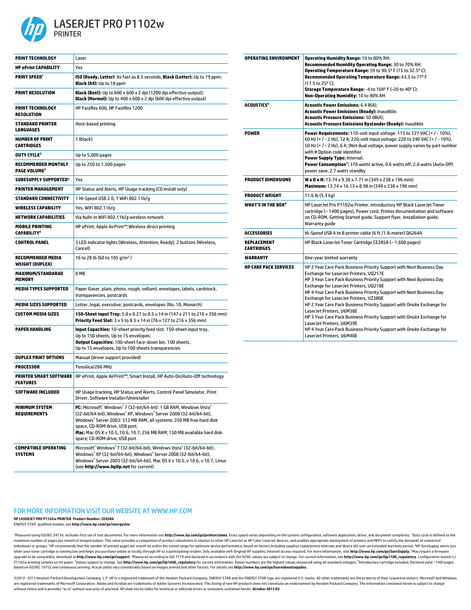Laserjet pro p1102w, Printer | HP LASERJET PRO P1102w User Manual | Page 2 / 2
