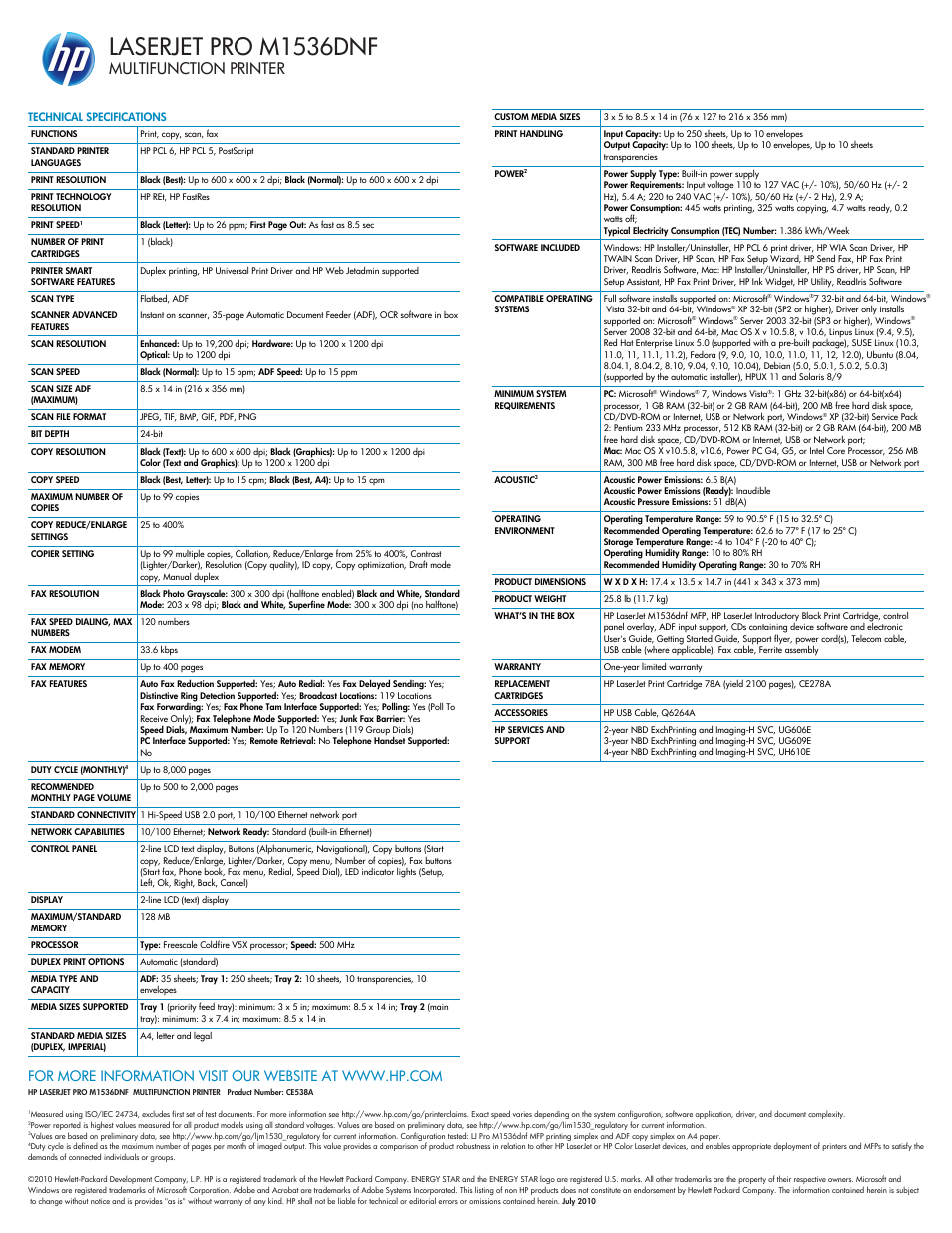 Laserjet pro m1536dnf, Multifunction printer | HP LaserJet Pro M1536dnf MFP SERIES User Manual | Page 2 / 2