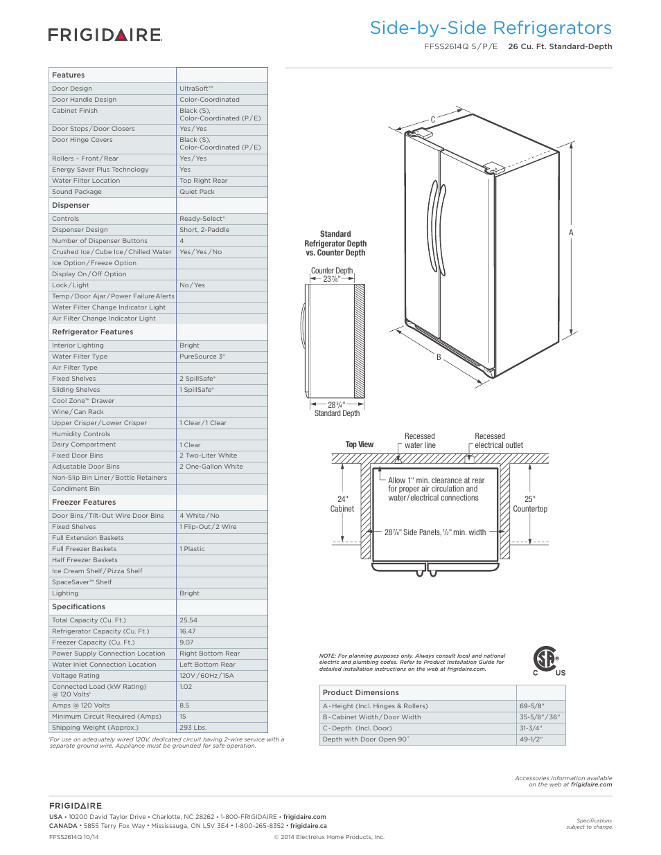 Side-by-side refrigerators | FRIGIDAIRE FFSS2614QP User Manual | Page 2 / 4