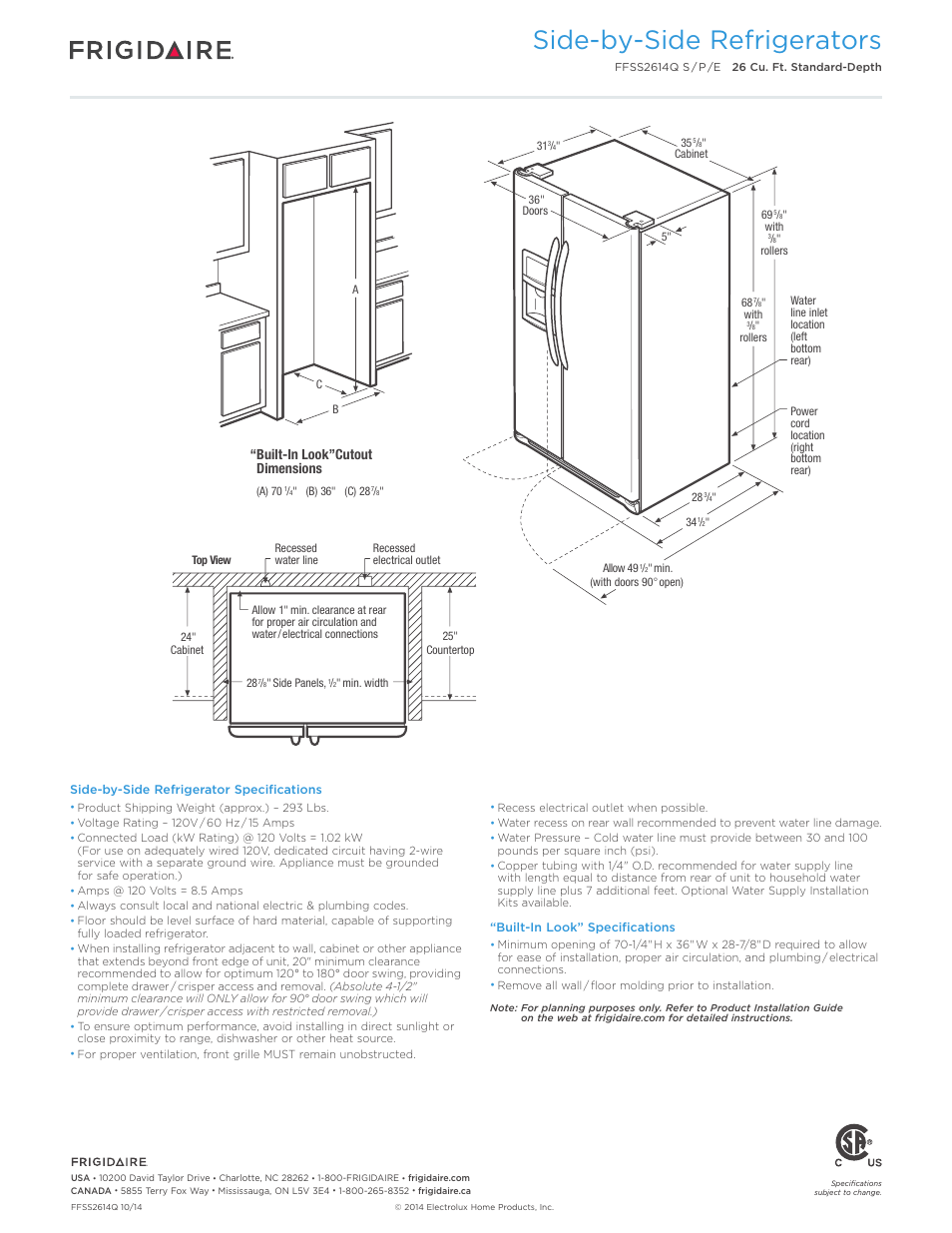 Side-by-side refrigerators, Built-in look”cutout dimensions | FRIGIDAIRE FFSS2614QP User Manual | Page 3 / 4