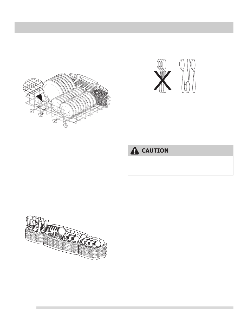 Loading the silverware basket, Filling the detergent dispenser, Fold-down tines | Dishwasher dispenser & detergents, Adding a dish, Caution, Preparing and loading dishes | FRIGIDAIRE FGBD2438PF User Manual | Page 10 / 16