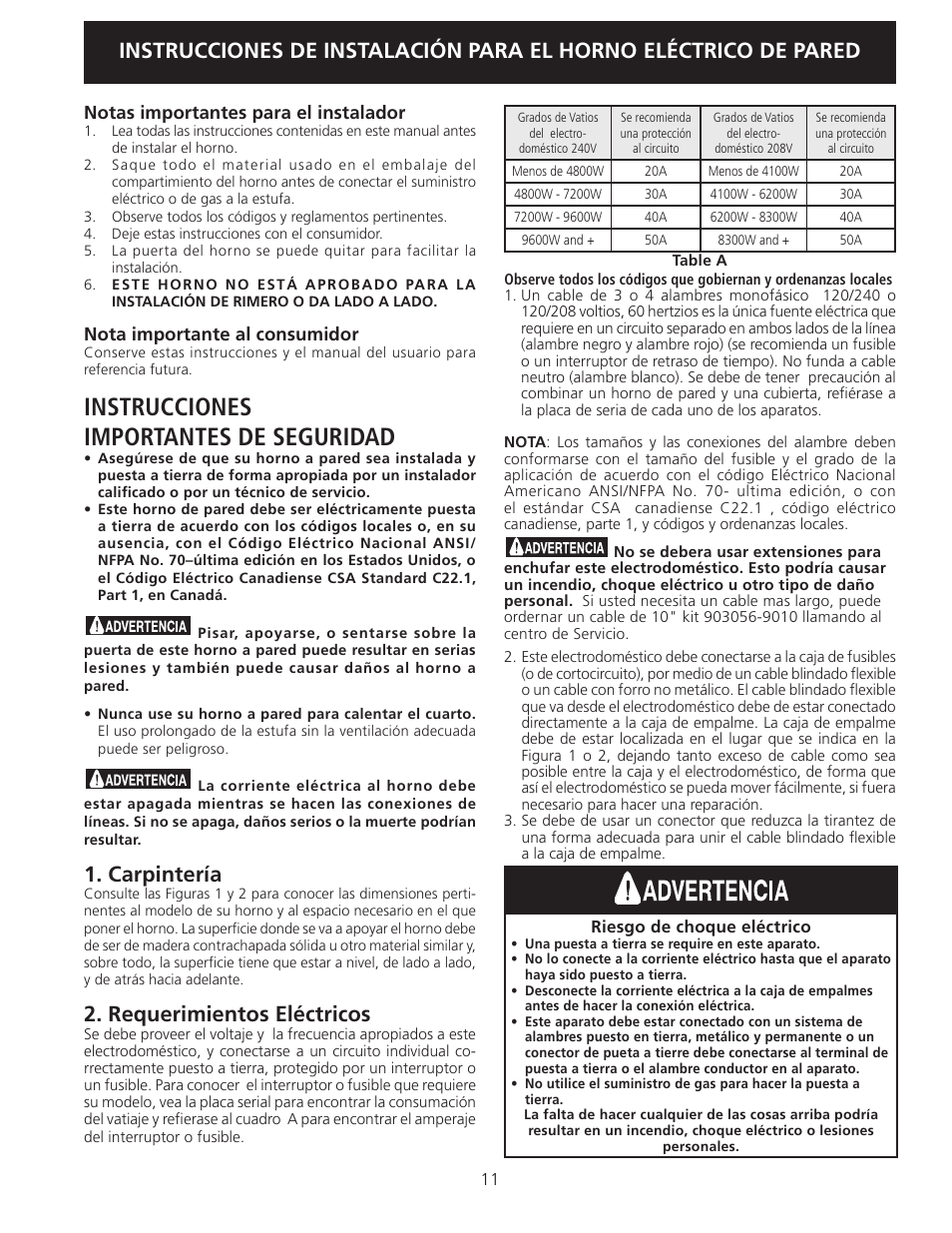 Instrucciones importantes de seguridad, Carpintería, Requerimientos eléctricos | FRIGIDAIRE FEB24S5AS User Manual | Page 11 / 24