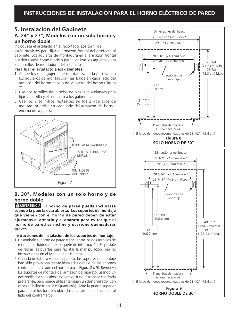 Instalación del gabinete, B. 30", modelos con un solo horno y de horno doble | FRIGIDAIRE FEB24S5AS User Manual | Page 14 / 24