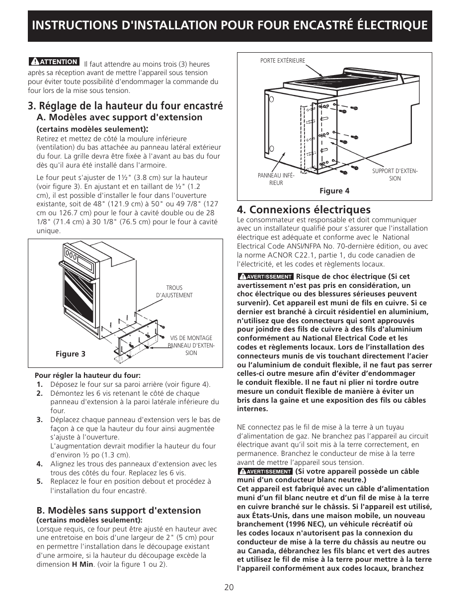 Réglage de la hauteur du four encastré, Connexions électriques | FRIGIDAIRE FEB24S5AS User Manual | Page 20 / 24