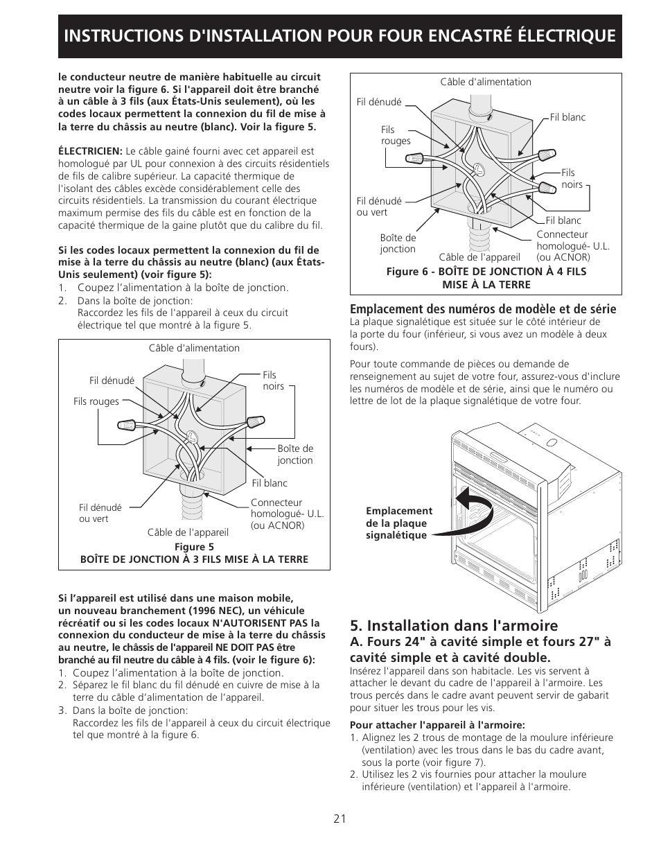Installation dans l'armoire, Emplacement des numéros de modèle et de série | FRIGIDAIRE FEB24S5AS User Manual | Page 21 / 24