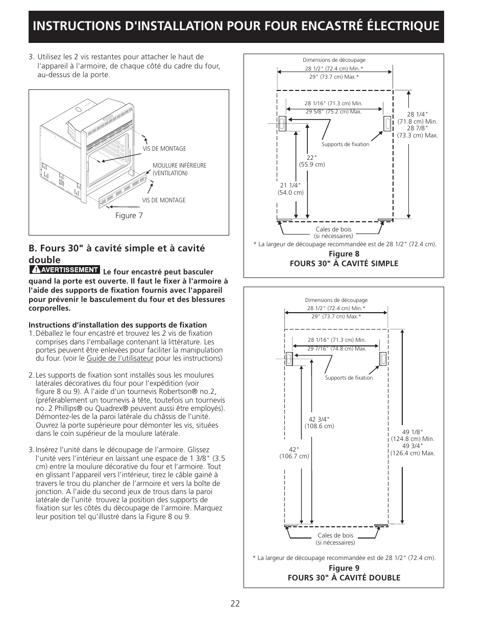B. fours 30" à cavité simple et à cavité double | FRIGIDAIRE FEB24S5AS User Manual | Page 22 / 24