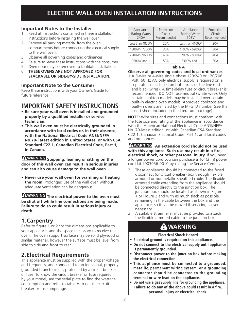 Important safety instructions, Electric wall oven installation instructions, Carpentry | Electrical requirements | FRIGIDAIRE FEB24S5AS User Manual | Page 3 / 24