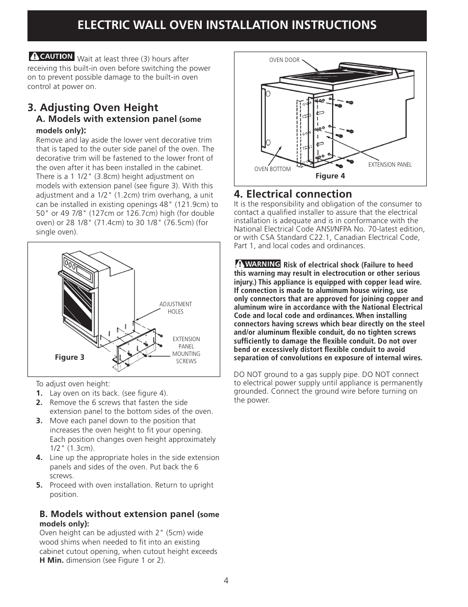 Electric wall oven installation instructions, Adjusting oven height, Electrical connection | FRIGIDAIRE FEB24S5AS User Manual | Page 4 / 24