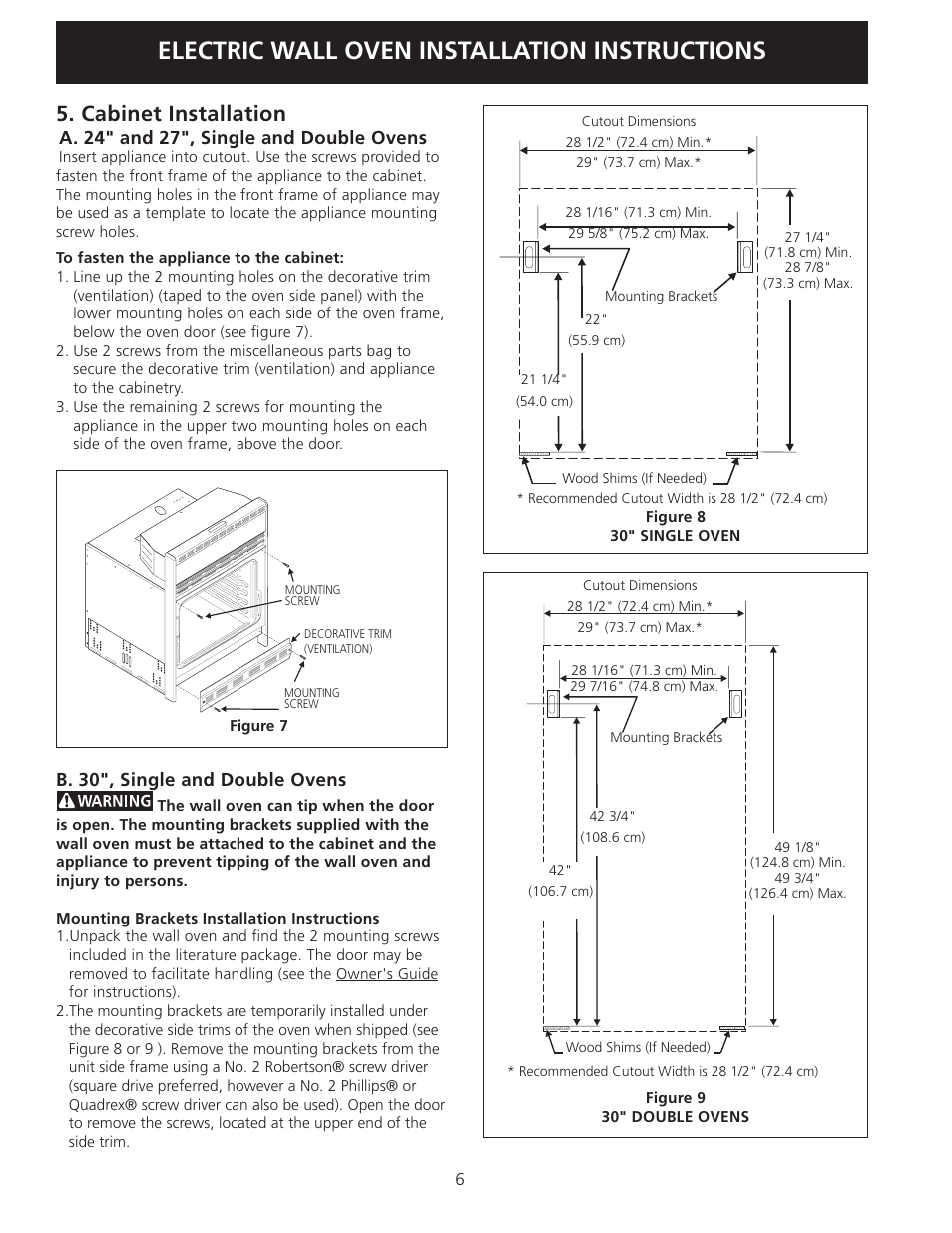 Electric wall oven installation instructions, Cabinet installation | FRIGIDAIRE FEB24S5AS User Manual | Page 6 / 24