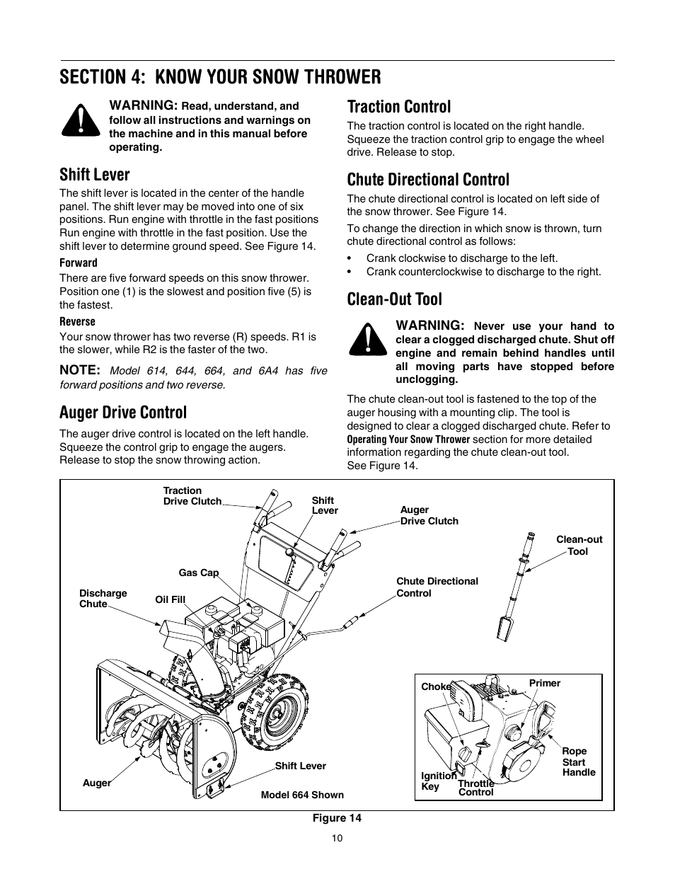 Shift lever, Auger drive control, Traction control | Chute directional control, Clean-out tool | MTD 642E User Manual | Page 10 / 32
