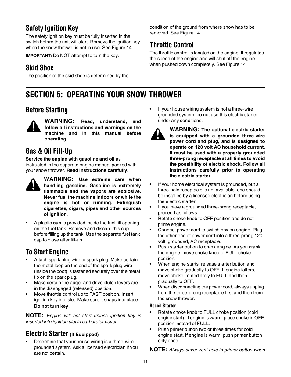 Safety ignition key, Skid shoe, Throttle control | Before starting, Gas & oil fill-up, Electric starter | MTD 642E User Manual | Page 11 / 32
