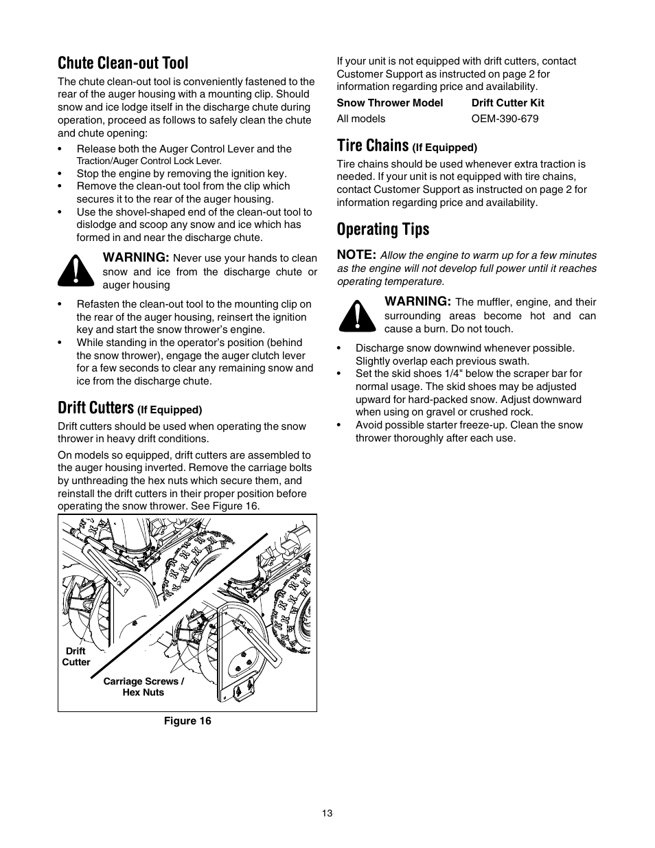 Chute clean-out tool, Drift cutters, Tire chains | Operating tips | MTD 642E User Manual | Page 13 / 32